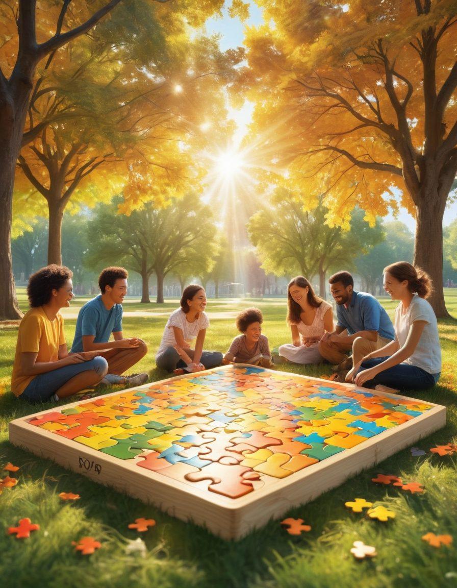 A whimsical and colorful scene featuring a diverse group of people joyfully playing various puzzle games, surrounded by vibrant puzzle pieces floating in the air. Include elements of laughter and connection, with warm sunlight filtering through a park setting. In the background, show a mix of traditional and modern puzzle games to reflect variety. super-realistic. vibrant colors. cheerful atmosphere.