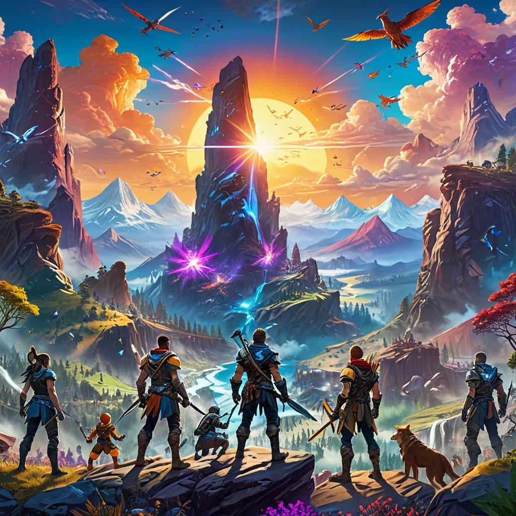 A vibrant gaming scene featuring diverse players joyfully collaborating in a colorful virtual world, each character representing different gaming styles. In the background, intricate landscapes symbolizing various challenges, like mountains and obstacles, are melting away, revealing a radiant sun. The atmosphere is filled with energy and excitement, conveying a sense of liberation and joy through gaming. The overall tone is bright and uplifting, inviting viewers to embrace their gaming journey. super-realistic. vibrant colors. dynamic composition.